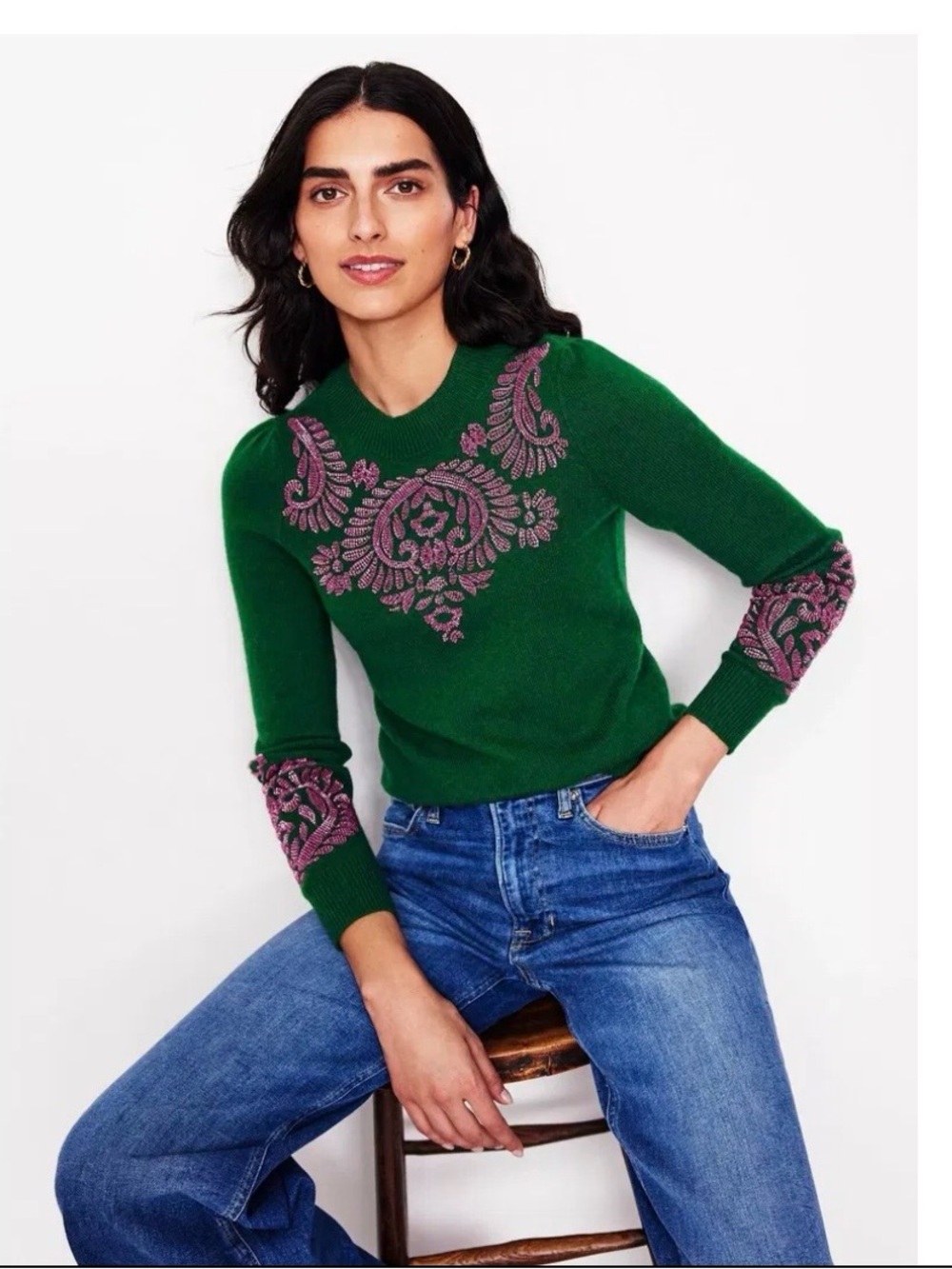 Boden Fenella Embellished Jumper NWT L Large Beaded Green Pink